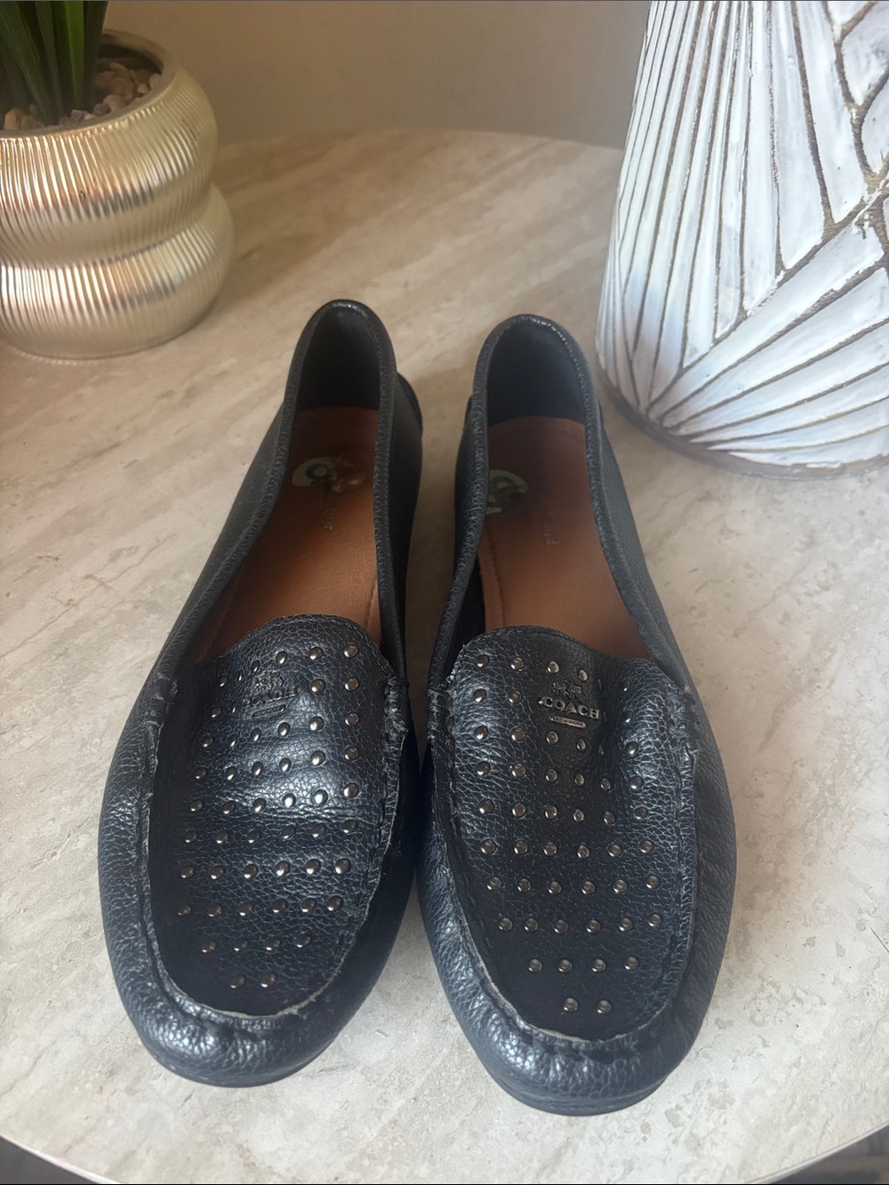 Coach Black Studded Pebbled Leather Loafers